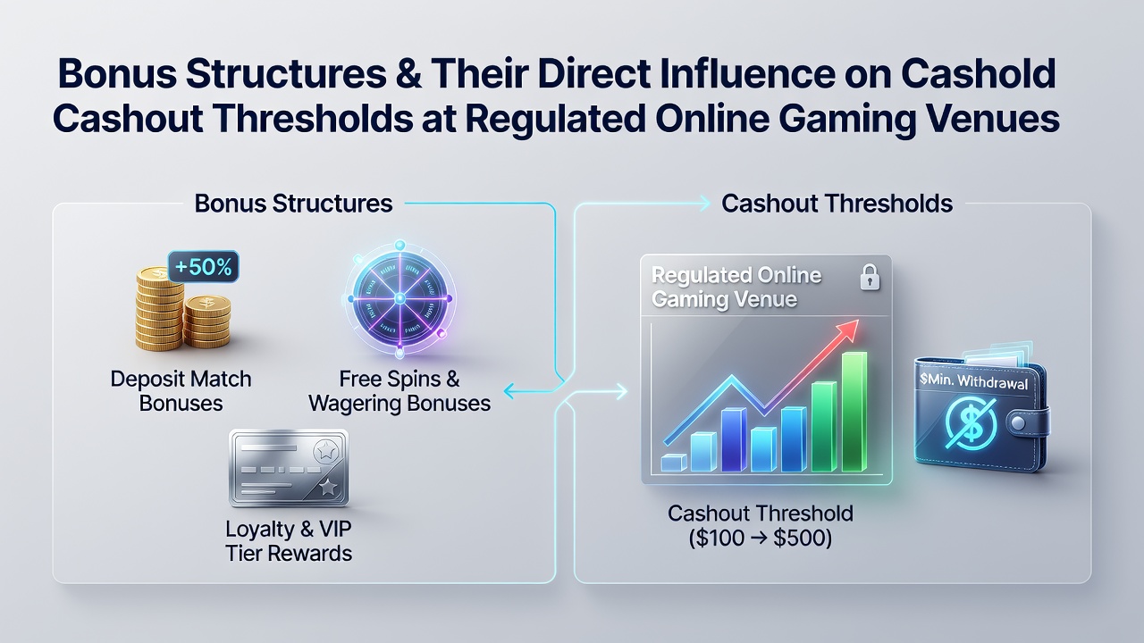 Illustration showing various bonus types and cashout threshold mechanics at regulated online gaming sites