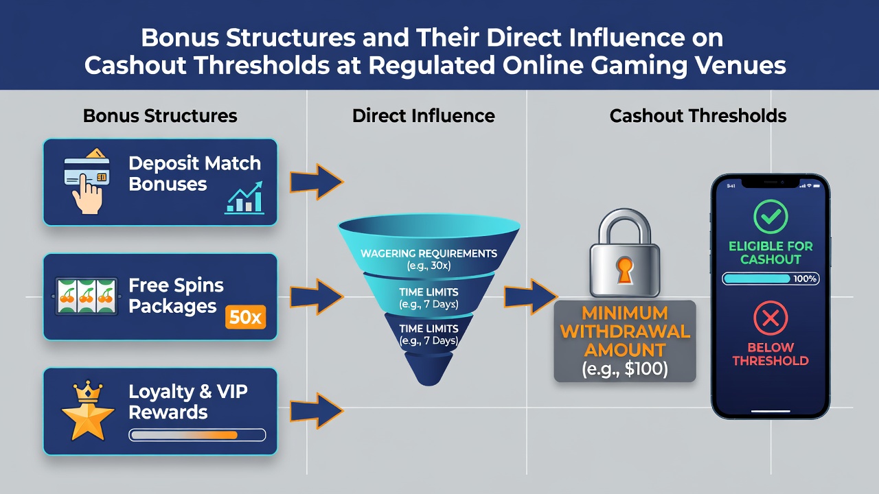 Diagram depicting the relationship between bonus wagering requirements and cashout threshold levels at online gaming venues