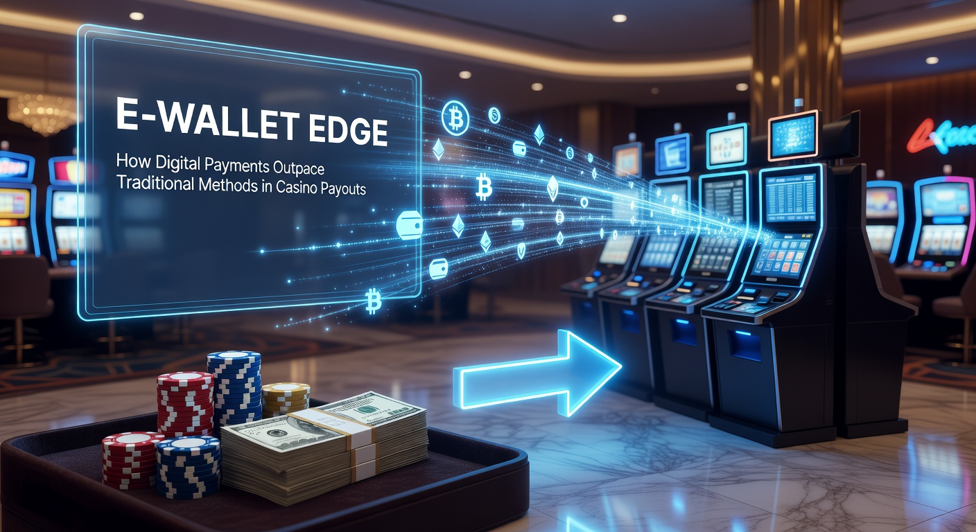 Illustration of a sleek mobile e-wallet app displaying instant casino payout notifications on a smartphone screen, highlighting speed and convenience over paper checks