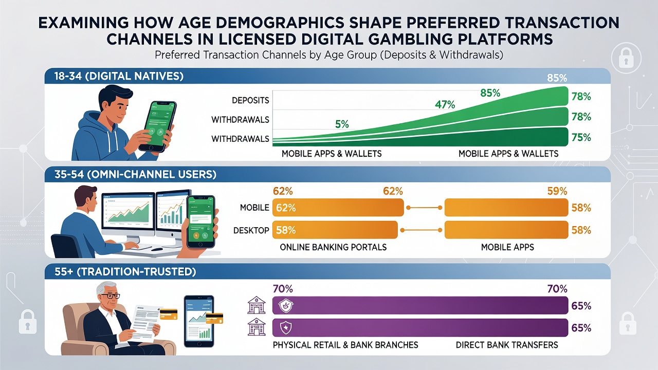 Bar chart comparing payment method usage rates across different age brackets in regulated online gambling
