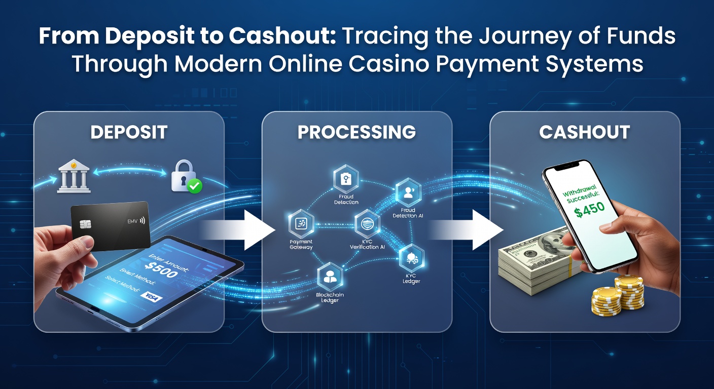 Flowchart showing the complete journey of funds from deposit through verification to cashout in online casino systems