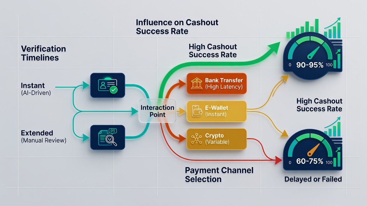 Flowchart diagram depicting verification stages linking to payment channel options and resulting cashout outcomes