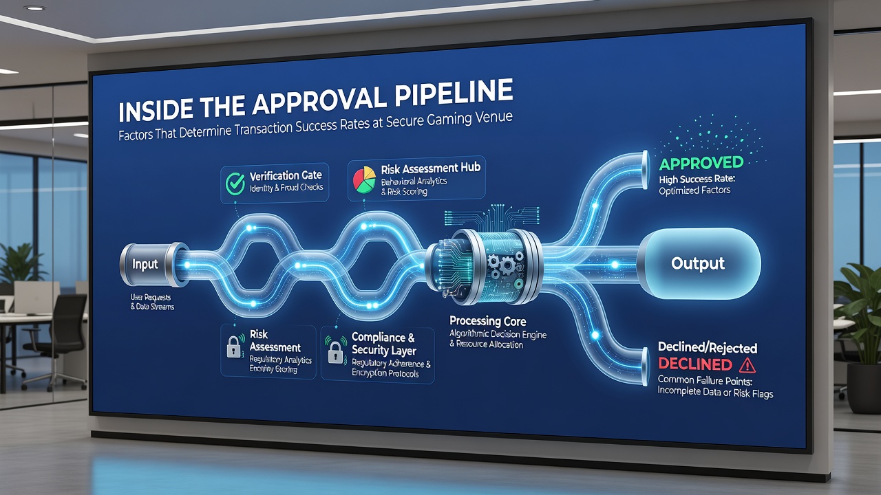 Detailed view of casino transaction approval workflow with risk scoring and compliance checkpoints