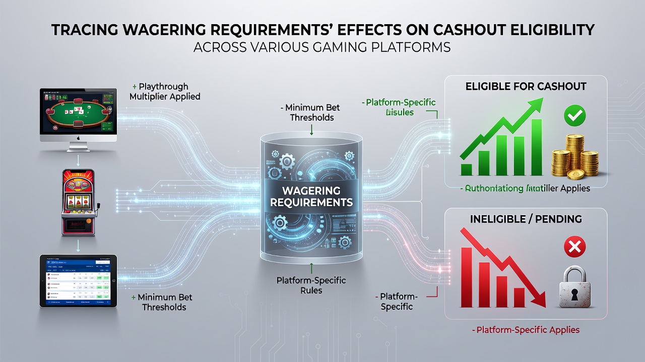 Diagram showing wagering requirement calculations and cashout eligibility flow across digital gaming platforms