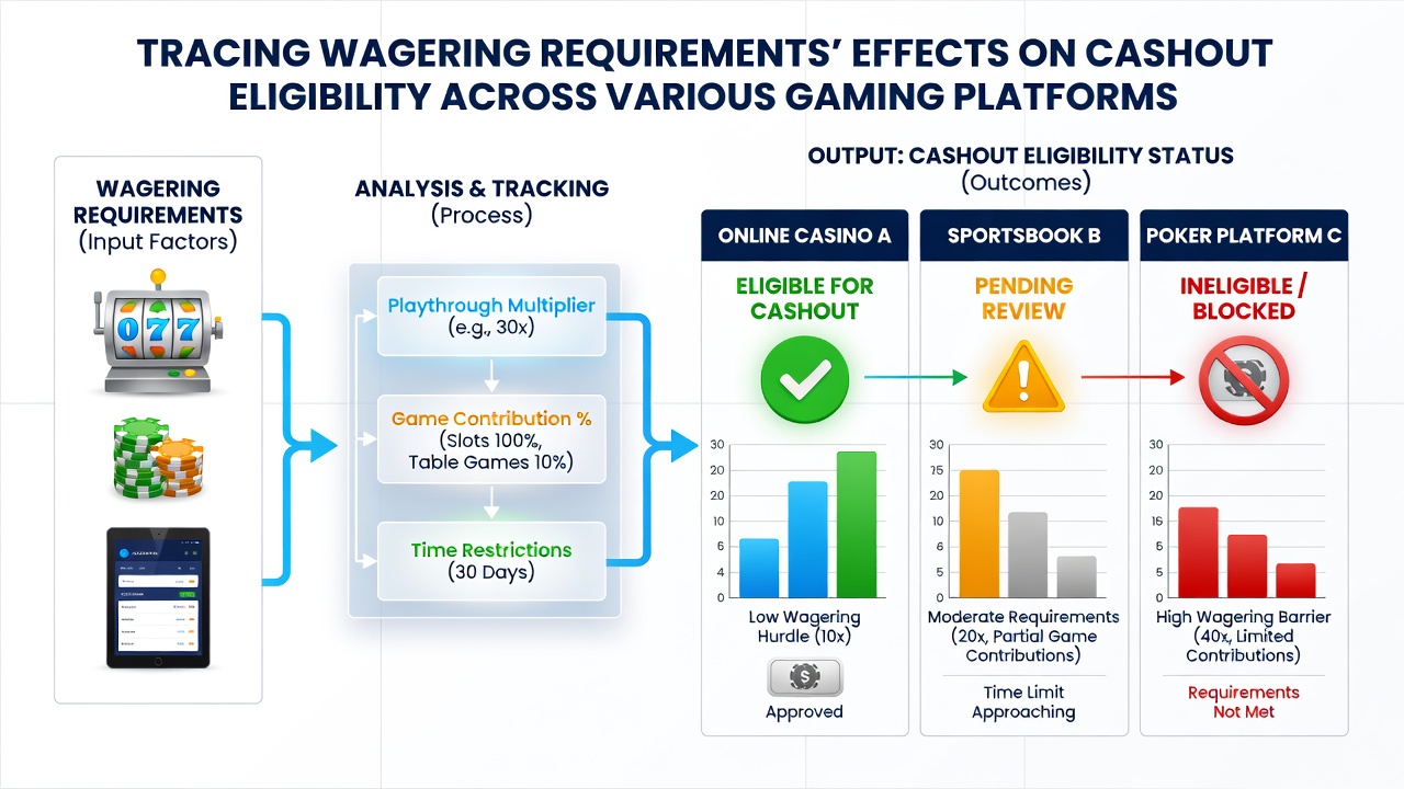 Infographic illustrating how different gaming platforms handle wagering progress and cashout approvals