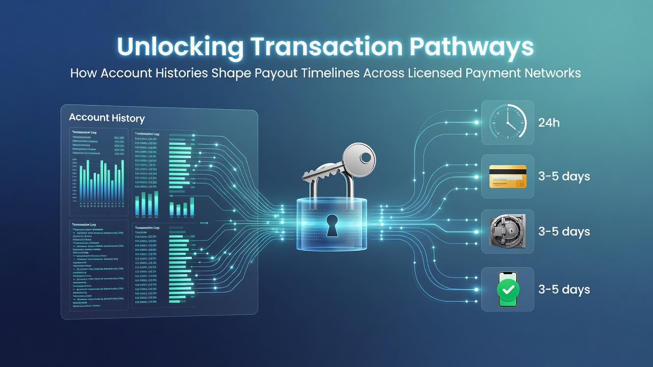 Diagram showing account history data flowing through licensed payment networks and influencing payout processing timelines