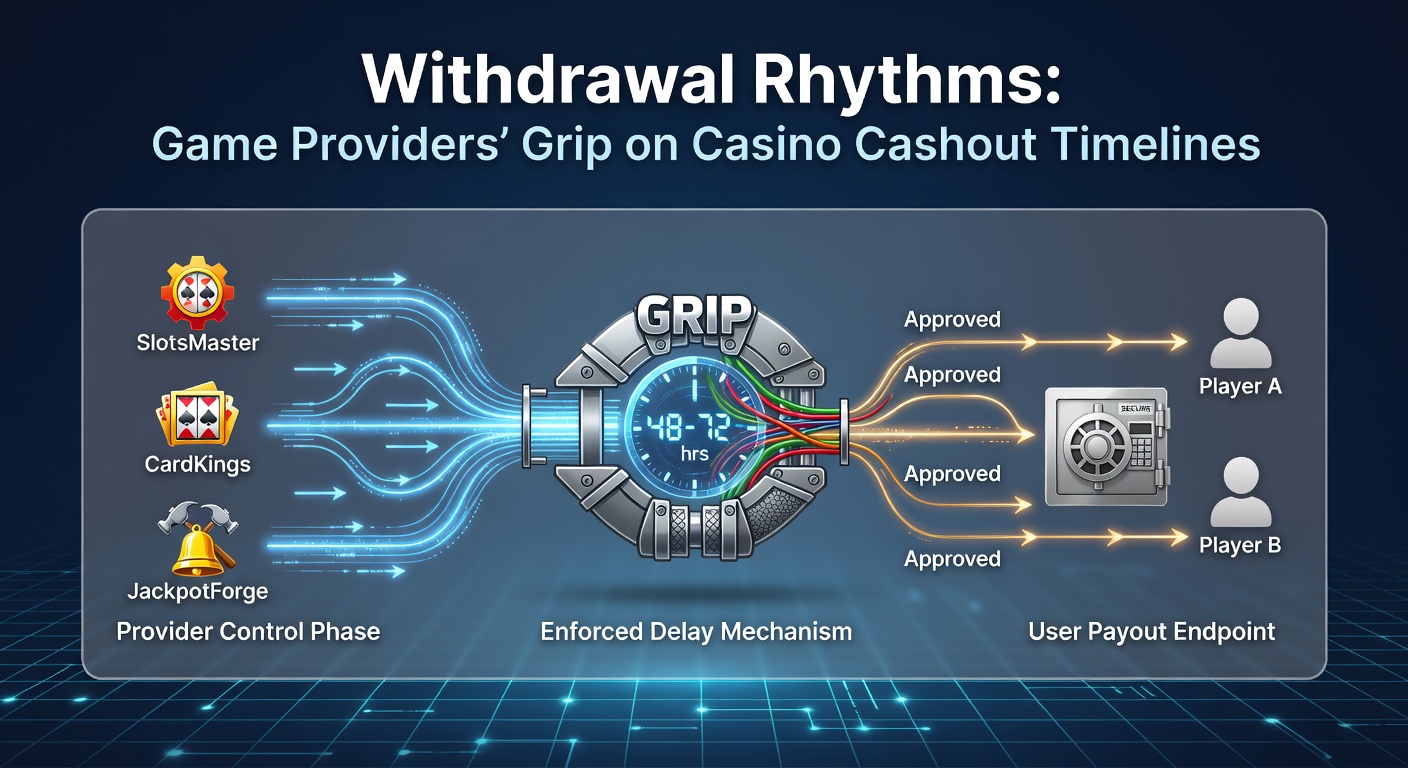 Digital timeline graphic showing casino withdrawal processes influenced by game providers, with clocks and data flows connecting servers